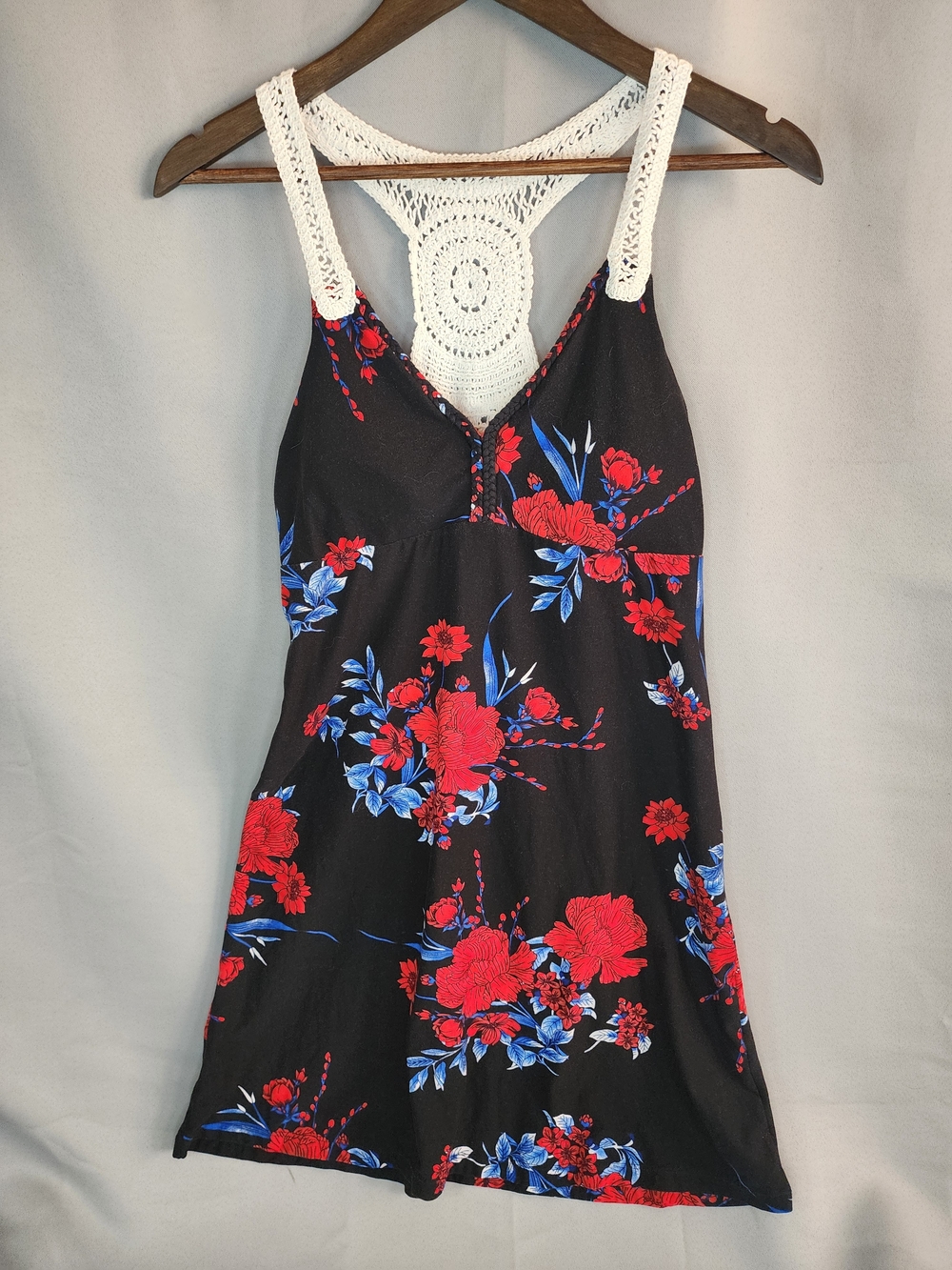 No Boundaries Black Slip Dress with Blue and Red Floral Print and Crochet Back